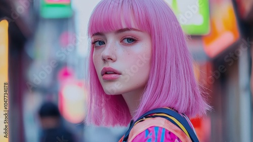 Teen White Woman with Pink Straight Hair photorealistic illustration.