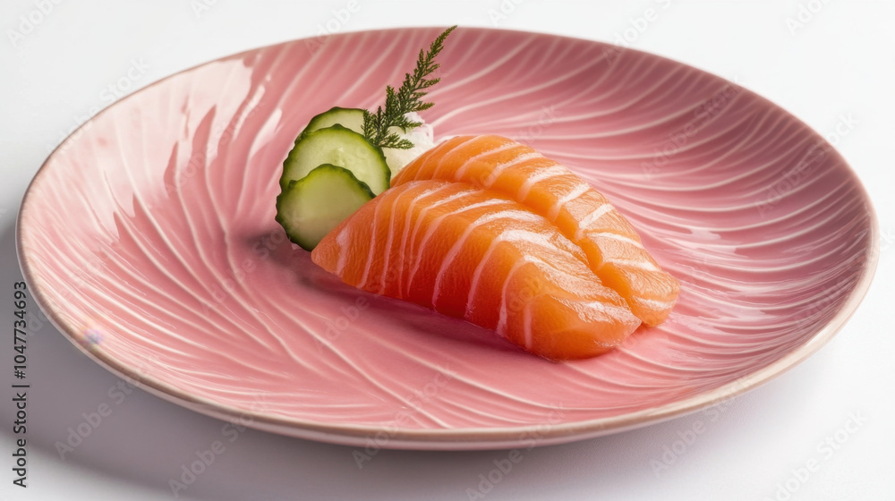 Fresh salmon sashimi served on pink ceramic plate, garnished with cucumber slices and touch of greenery, evokes sense of culinary elegance and freshness Fresh salmon sashimi served on pink ceramic plate, garnished with cucumber slices and touch of greenery, evokes sense of culinary elegance and freshness
