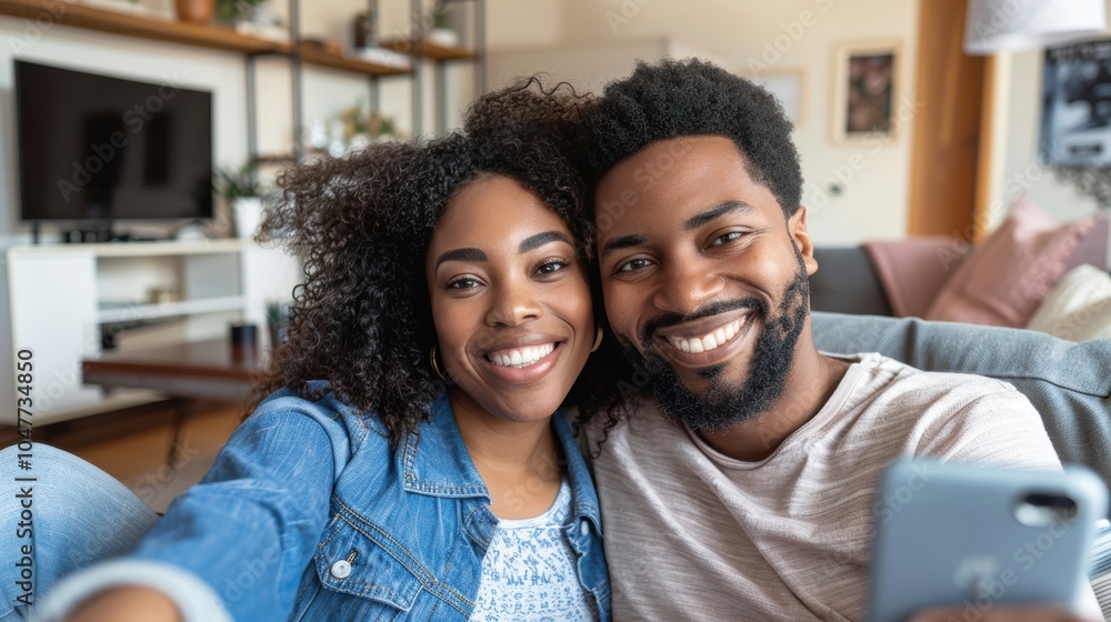 Happy couple enjoying quality time on the sofa, taking a selfie with a smartphone to capture memories and share smiles on social media Happy couple enjoying quality time on the sofa, taking a selfie with a smartphone to capture memories and share smiles on social media