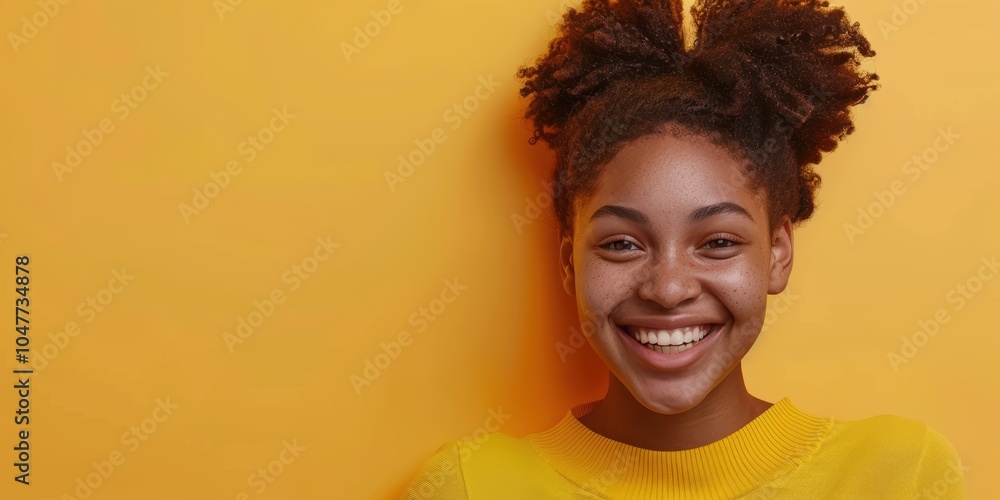 Portrait of a joyful woman with space for marketing or branding on the wall, promoting discounts and sales offers Portrait of a joyful woman with space for marketing or branding on the wall, promoting discounts and sales offers