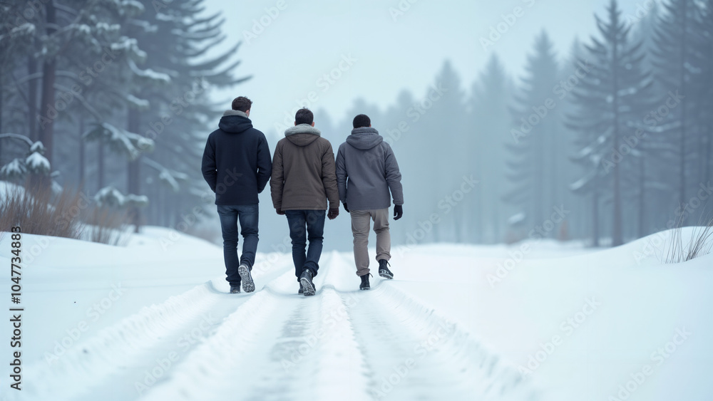 Three Friends Strolling Through a Serene Snowy Landscape, Their Footprints Marking the Path in a Peaceful Winter Wonderland Three Friends Strolling Through a Serene Snowy Landscape, Their Footprints Marking the Path in a Peaceful Winter Wonderland