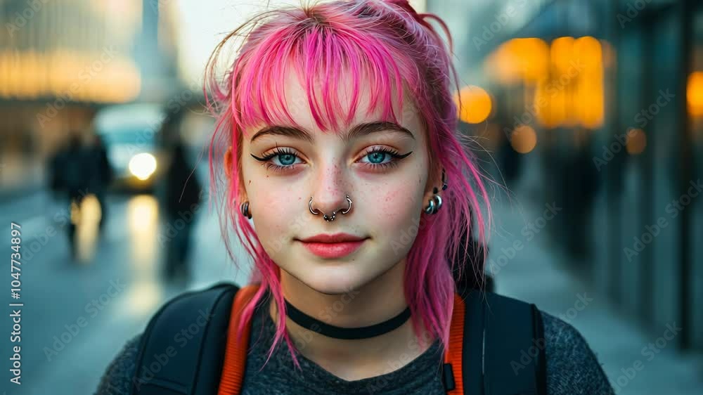 A young woman with pink hair and blue eyes smiles at the camera while walking in the city A young woman with pink hair and blue eyes smiles at the camera while walking in the city