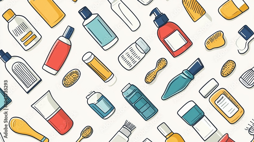 Seamless pattern featuring flat line icons of personal hygiene products, covering self-care essentials for both men and women Seamless pattern featuring flat line icons of personal hygiene products, covering self-care essentials for both men and women