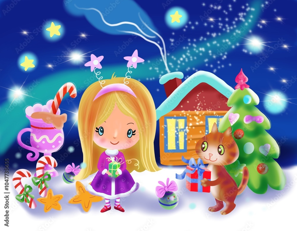 Fototapeta premium Cartoon cute girl and their christmas tree