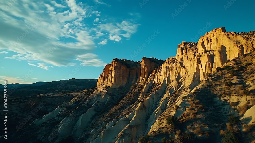 Obraz premium A dramatic desert sunset with towering red rock formations, long shadows cast by the setting sun, and a deep blue sky overhead