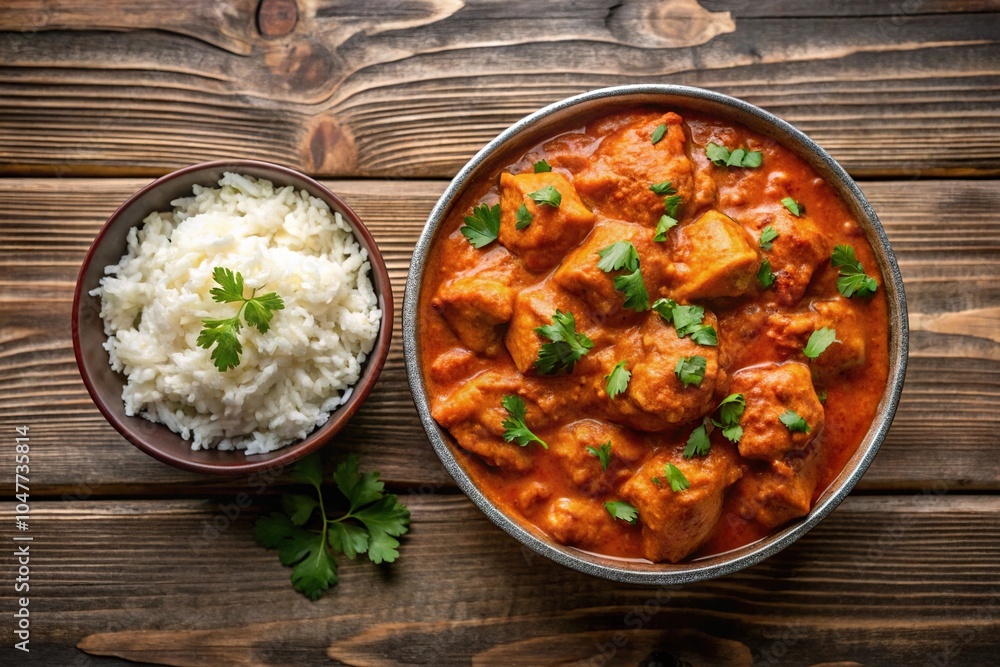 Symmetrical chicken tikka masala on wooden background Symmetrical chicken tikka masala on wooden background