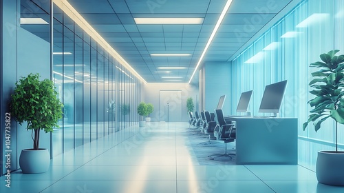 Modern office hallway with glass walls, plants, and desks with computers.