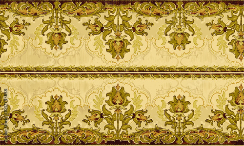  vintage floral wallpaper pattern with ornate motifs in green and brown on a cream background.