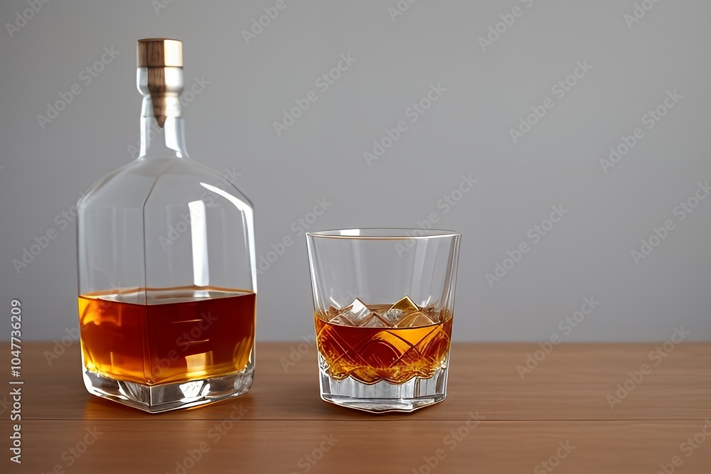 A whiskey bottle and a glass elegantly placed on a table, inviting a moment of relaxation. Generative AI A whiskey bottle and a glass elegantly placed on a table, inviting a moment of relaxation. Generative AI