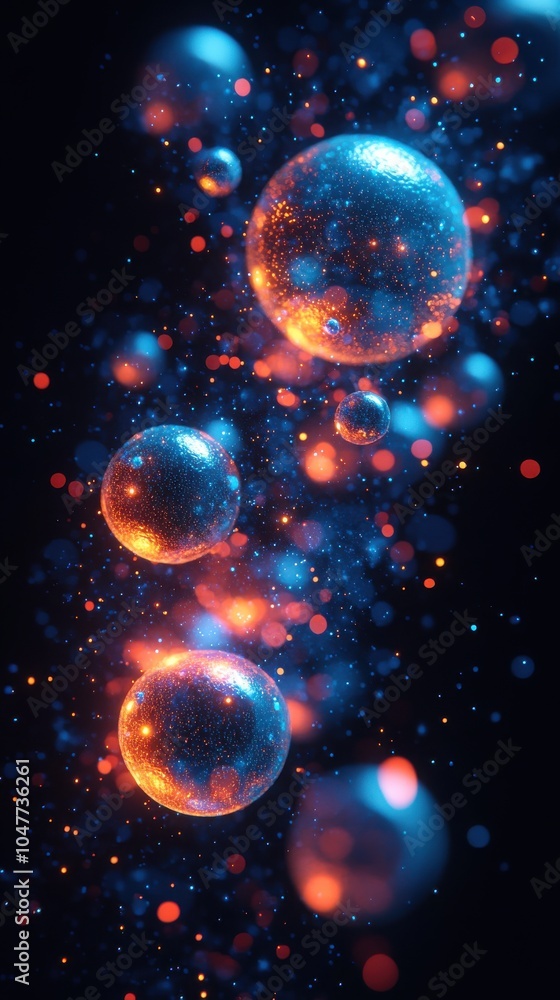 Vibrant Neon Bubbles in Abstract Space Nebula - Cosmic Glow of Blue and Orange Particles Creating Dynamic Light and Motion for Abstract Sci-Fi Digital Art Vibrant Neon Bubbles in Abstract Space Nebula - Cosmic Glow of Blue and Orange Particles Creating Dynamic Light and Motion for Abstract Sci-Fi Digital Art