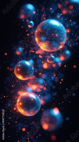 Vibrant Neon Bubbles in Abstract Space Nebula - Cosmic Glow of Blue and Orange Particles Creating Dynamic Light and Motion for Abstract Sci-Fi Digital Art photo