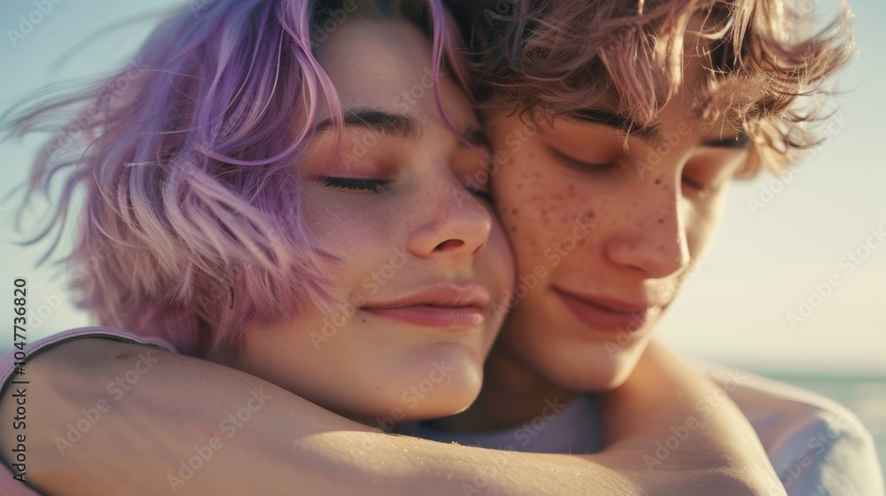 Obraz premium Romantic sunset date for a young couple on Valentines Day with ocean fun and an embrace, capturing joy and love during a tropical evening getaway