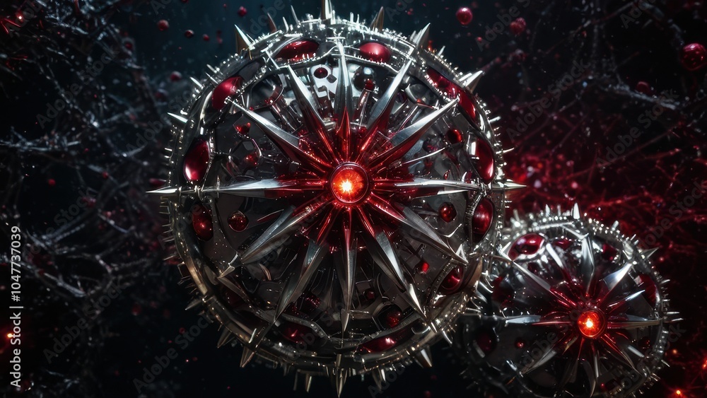 Fototapeta premium A futuristic, intricate structure resembling a molecule, featuring red gems and sharp metallic spikes, set against a dark, atmospheric background. Ideal for tech and sci-fi themes