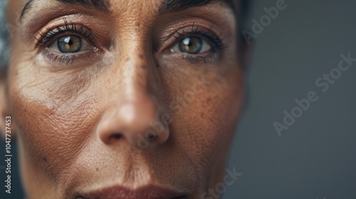 Close-up portrait of a confident senior woman showcasing natural beauty, skincare, and wellness in a studio setting, highlighting makeup and mature features