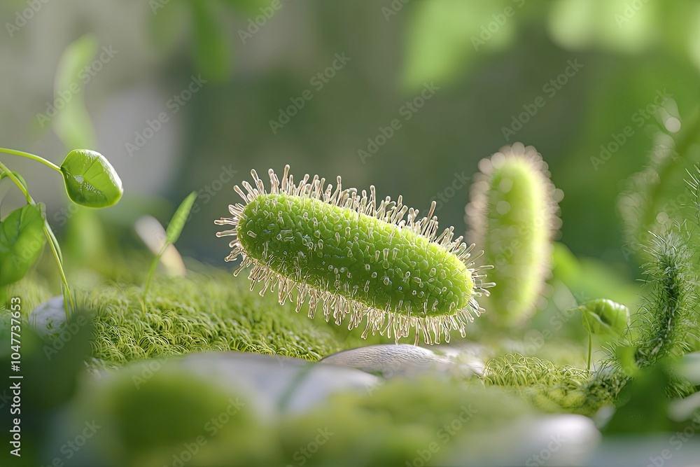 Fototapeta premium Bifidobacterium among diverse plants and animals, thriving in its natural environment, illustrated in a 3D animated style.