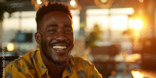 Smiling man in office exuding confidence and a success-oriented mindset, embodying leadership and planning for business growth and entrepreneurship