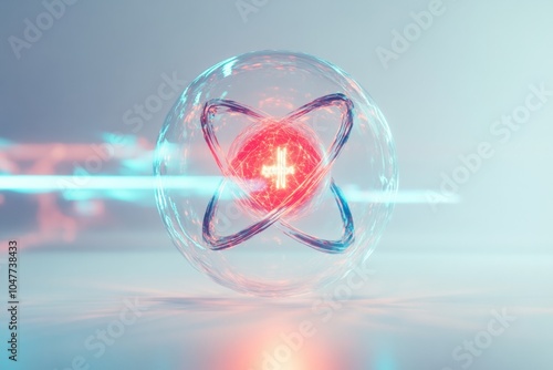 an atom with a very small neon glow inside, against a white background. photo