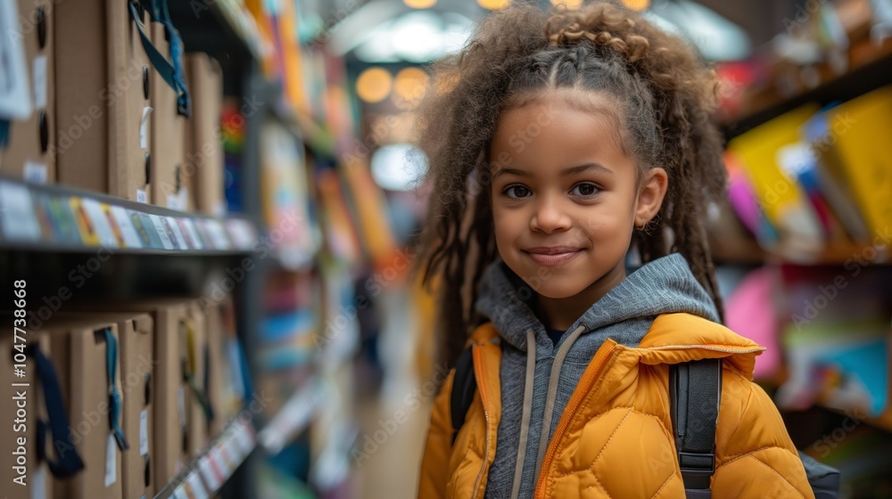 A child in a yellow jacket smiles in a store aisle, surrounded by colorful books and warm lights. A child in a yellow jacket smiles in a store aisle, surrounded by colorful books and warm lights.