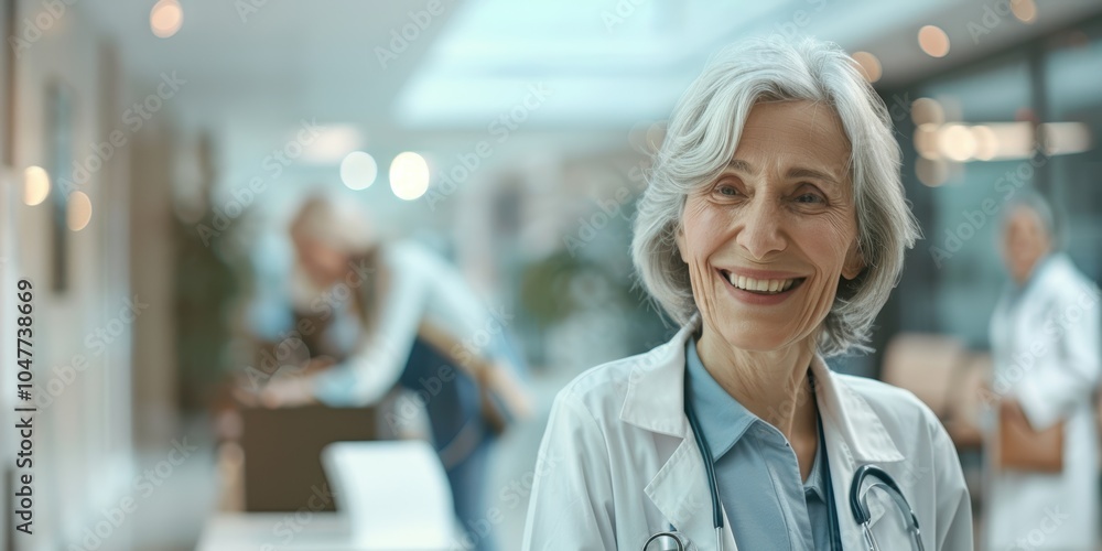 Fototapeta premium Portrait of a joyful senior woman with a smiling healthcare worker and doctor. Emphasizing eye health and the confidence of medical professionals in their roles