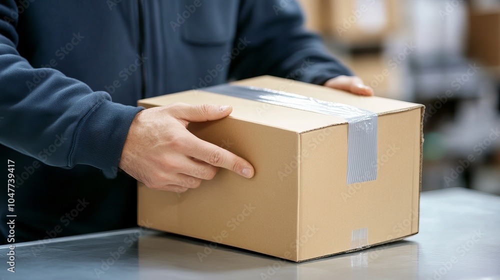 Close-up of a male small business owner for an online store, packing a shipping box on a table in preparation for delivery. Conceptualizes ecommerce dropshipping and shipment services Close-up of a male small business owner for an online store, packing a shipping box on a table in preparation for delivery. Conceptualizes ecommerce dropshipping and shipment services