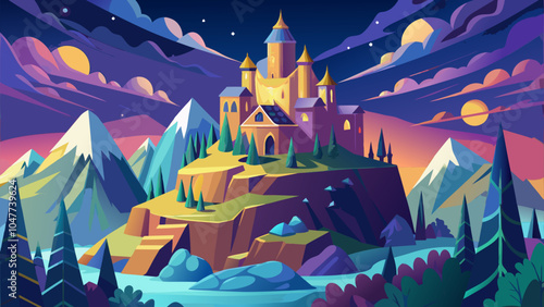 A majestic castle rests atop a rocky mountain surrounded by vibrant mountains and a starry sky during twilight hours