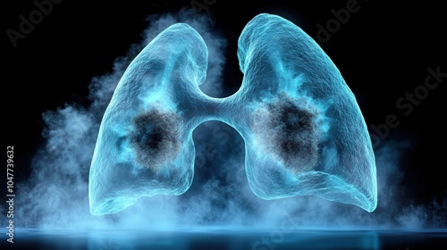 Digital Lung Visualization Highlighting Smoking Effects and Black Lung Disease with Blue Holographic Imagery of Respiratory Health and Medical Concerns photo