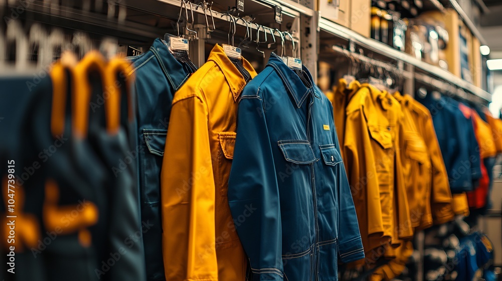 Industrial uniform collection on display in a store Industrial uniform collection on display in a store