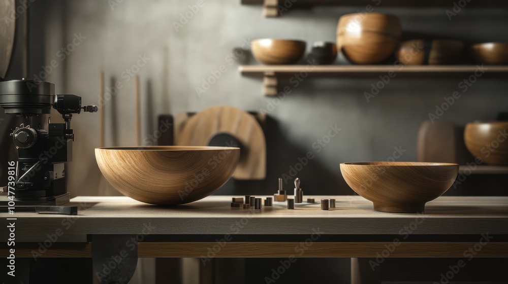 A contemporary lathe setup creating minimalistic wooden bowls, emphasizing clean lines and modern design aesthetics. A contemporary lathe setup creating minimalistic wooden bowls, emphasizing clean lines and modern design aesthetics.
