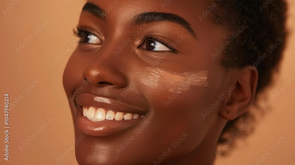Skincare and makeup on a smiling woman with cream tone lines on her face, showcasing healthy skin and contouring against a neutral background Skincare and makeup on a smiling woman with cream tone lines on her face, showcasing healthy skin and contouring against a neutral background