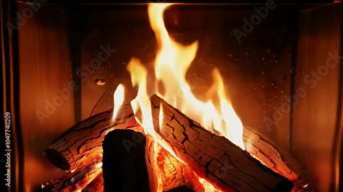 cozy fire crackles arth slowmotion 4K video loop mediumsized flames flickering casting warm glow evoking comfort charm winter evenings holiday gatherings fireplace comfortable november year photo