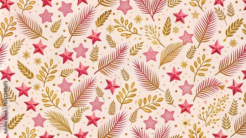 Festive pattern with stars and leaves in pink and gold