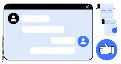 Interface depicting a chat box for communication next to documents and an approval icon. Ideal for messaging, online communication, document management, approval processes, and digital interactions