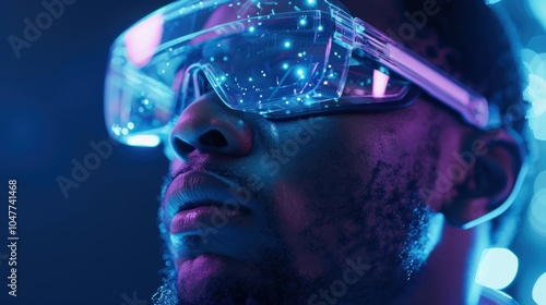 Individual wearing futuristic glasses engaging with virtual reality, exploring digital innovation and immersive user experiences in technology, gaming, and online education in a sci-fi context