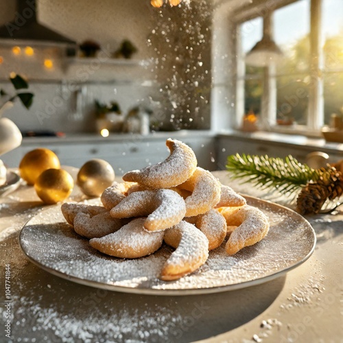 Freshly baked Vanillekipferl on a sunlit table, inviting warmth and festive cheer in a modern kitchen.