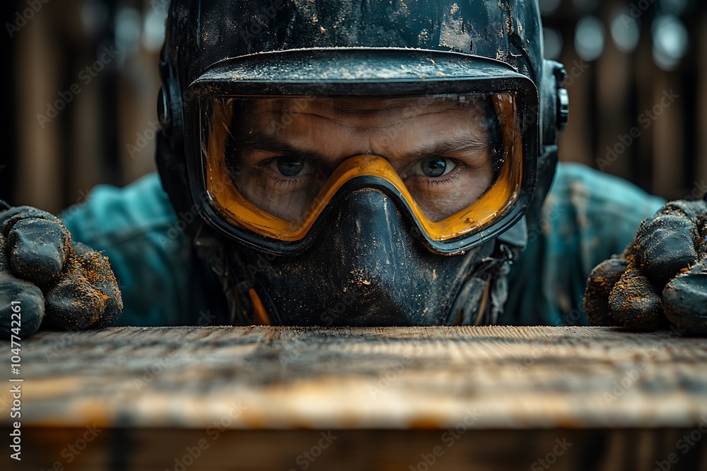 Close-up of a worker wearing a respirator and goggles Close-up of a worker wearing a respirator and goggles
