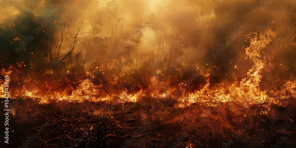 Destruction of forests due to fire and smoke, highlighting environmental issues and ecological impact. AI-generated imagery depicting burning vegetation and pollution concerns Destruction of forests due to fire and smoke, highlighting environmental issues and ecological impact. AI-generated imagery depicting burning vegetation and pollution concerns