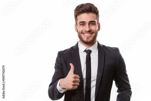 Cheerful man giving a thumbs up, celebrating success with a smile in a studio setting. His expression conveys approval and positivity