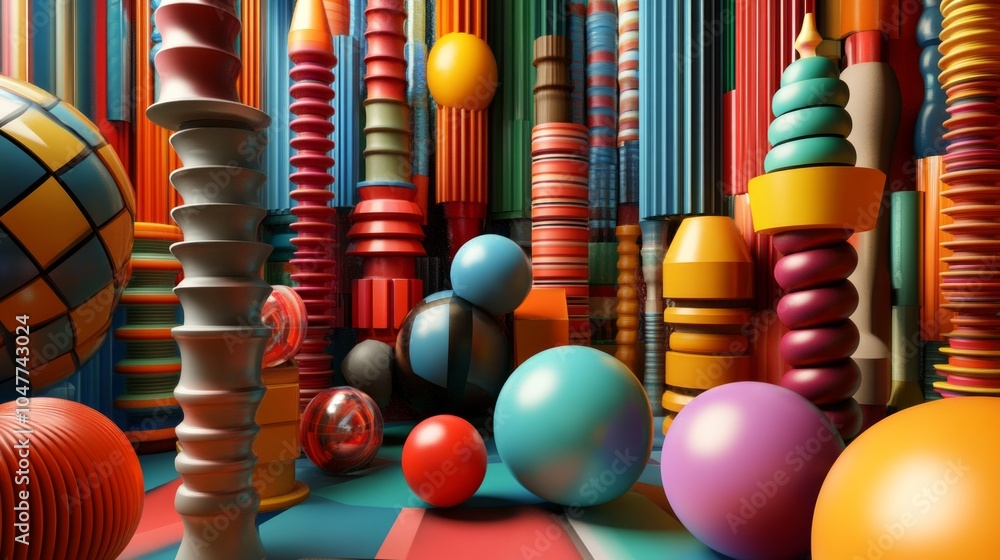 Naklejka premium background from basic shapes cones cubes spheres cylinders toruses colorful