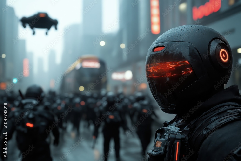 A group of armored soldiers with glowing helmets patrol a city street as drones hover above, showcasing a high-tech, dystopian future atmosphere. A group of armored soldiers with glowing helmets patrol a city street as drones hover above, showcasing a high-tech, dystopian future atmosphere.