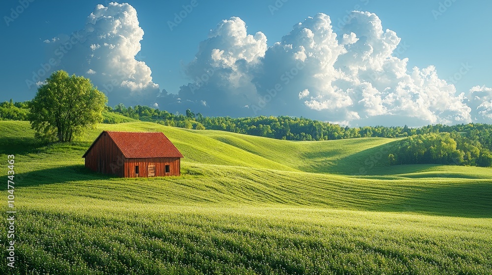 A serene landscape featuring a red barn amidst rolling green hills and fluffy clouds. A serene landscape featuring a red barn amidst rolling green hills and fluffy clouds.