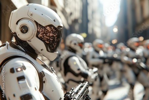 A battalion of white-armored robots is poised for deployment amidst an urban backdrop, reflecting high-level technological and military capability in modern cities. photo