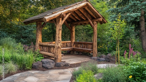 Wooden gazebo built in a tranquil garden, featuring intricate wooden details and a natural finish.