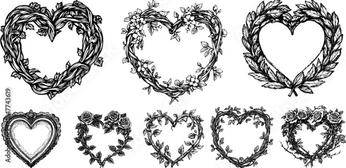
Ornate vintage heart and rose frame with laurel wreath and floral border in Victorian style.