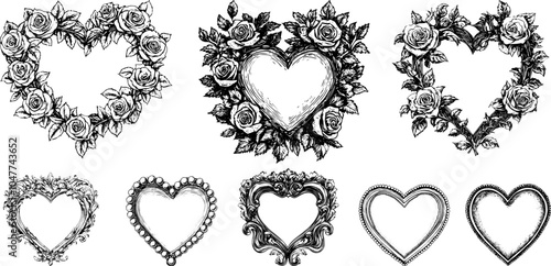 Vintage floral and wooden frame set with roses and ornamental borders in classic Victorian style. Hand drawn vector elements.
