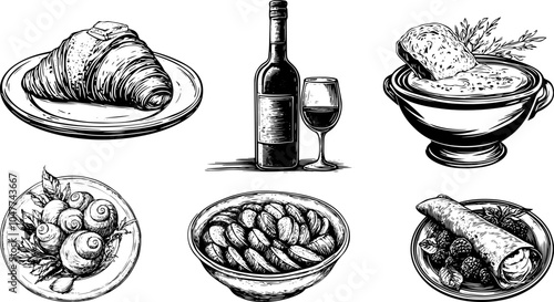 Vintage set of French meal wine glass, bottle, croissant, and ratatouille. Hand drawn vector illustration with engraved details, featuring crepes, onion soup, escargot.