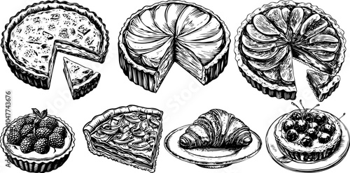 Vector sketch set of French desserts including meringue, clafoutis, and profiterole. Illustrated pie, croissant.