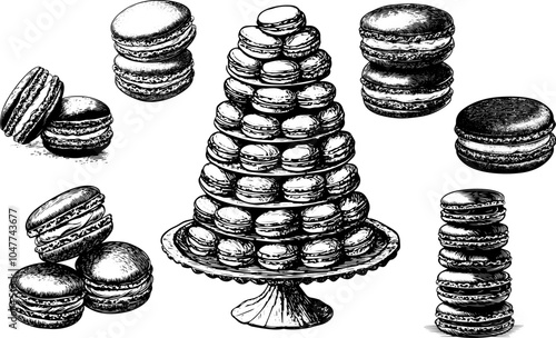 Vintage vector sketch of macaron tower set. French pastry Perfect for bakery, cafe, and dessert icon designs.