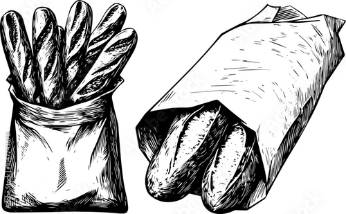 Hand-drawn vector of paper bag with baguette. French bread delivery icon sketch, black and white illustration.