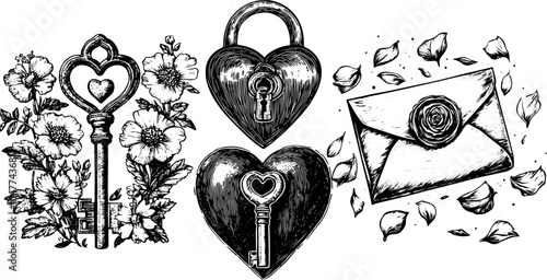 Set of vintage hand drawn keys, hearts, and padlocks with petal ornate details.