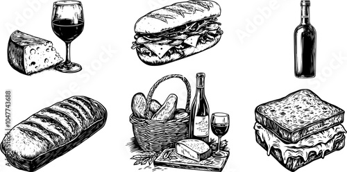 Vintage vector illustration set for a french picnic, Wine glasses, a bottle, baguette, and a croque monsieur sandwich.